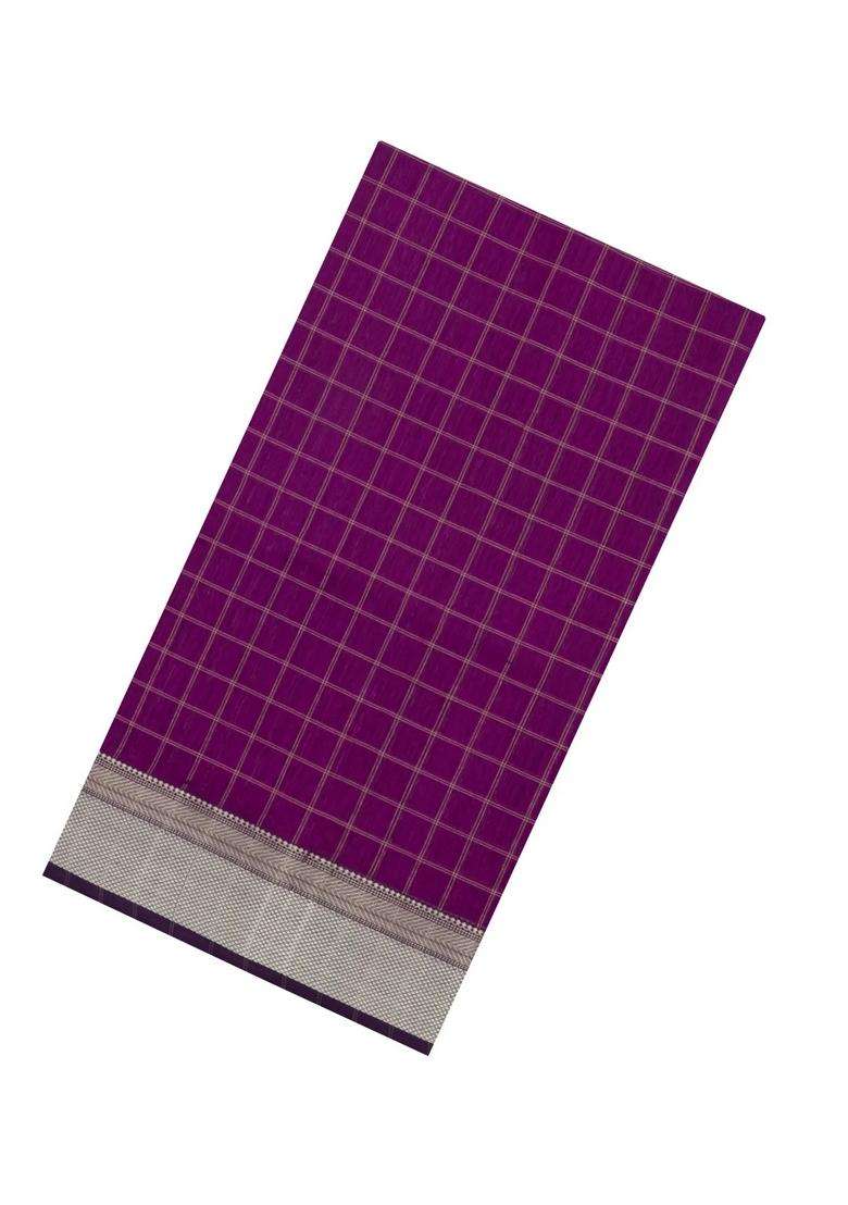 Dark Magenta Handloom Maheswari Silk Cotton Saree With Checks With Checks And Stripes Design For Women - Indya