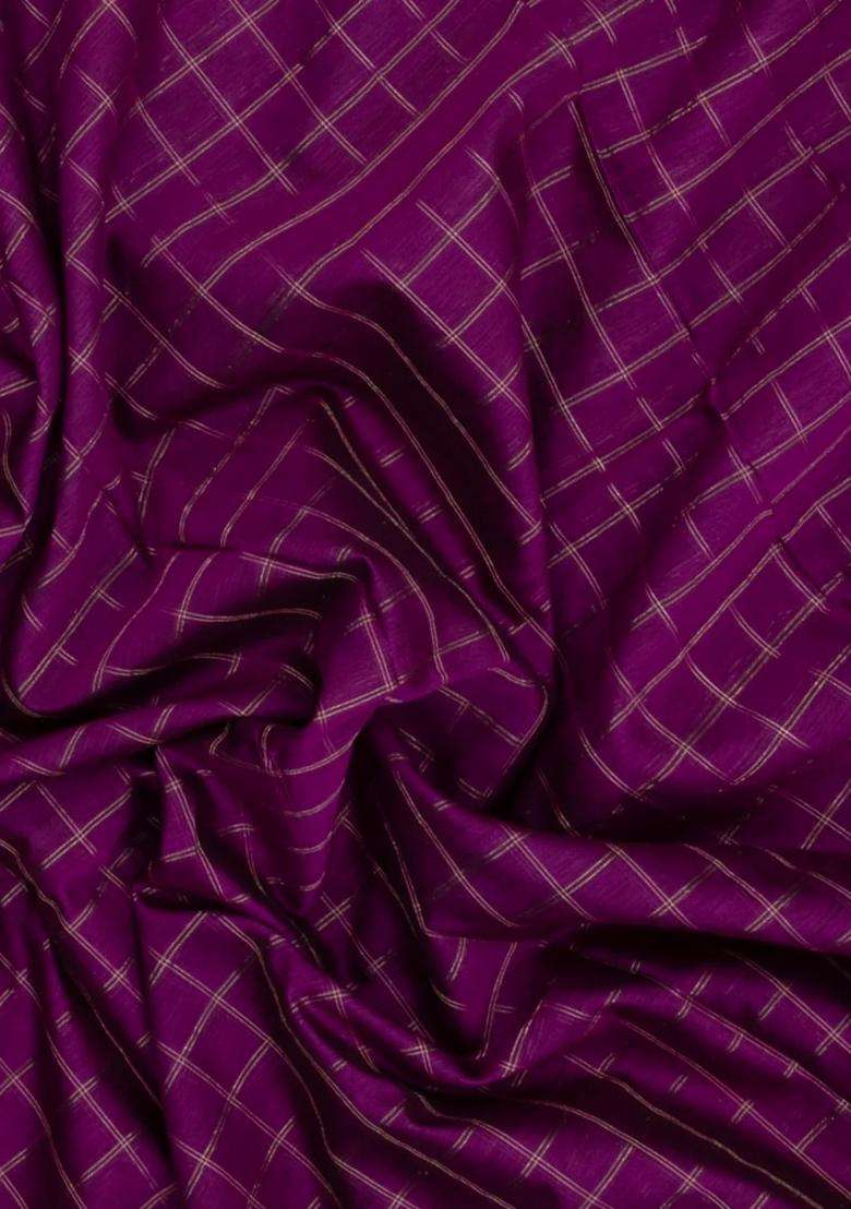 Dark Magenta Handloom Maheswari Silk Cotton Saree With Checks With Checks And Stripes Design For Women - Indya