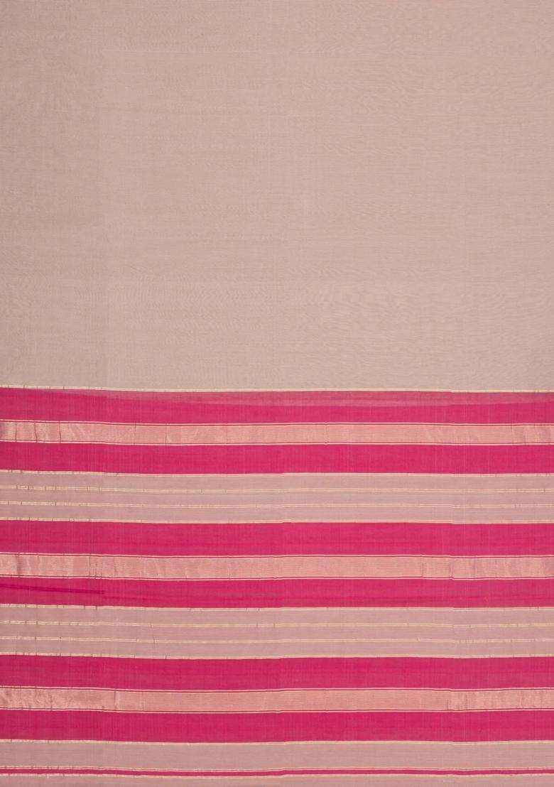 Taupe Handloom Maheswari Silk Cotton Saree With Zari Border With Traditional Woven Design For Women - Indya