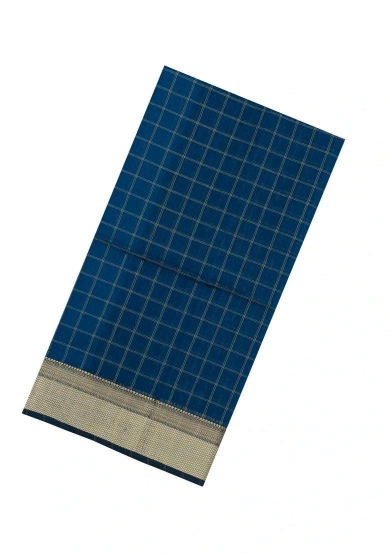 Teal Handloom Maheswari Silk Cotton Saree With Checks With Checks And Stripes Design For Women - Indya