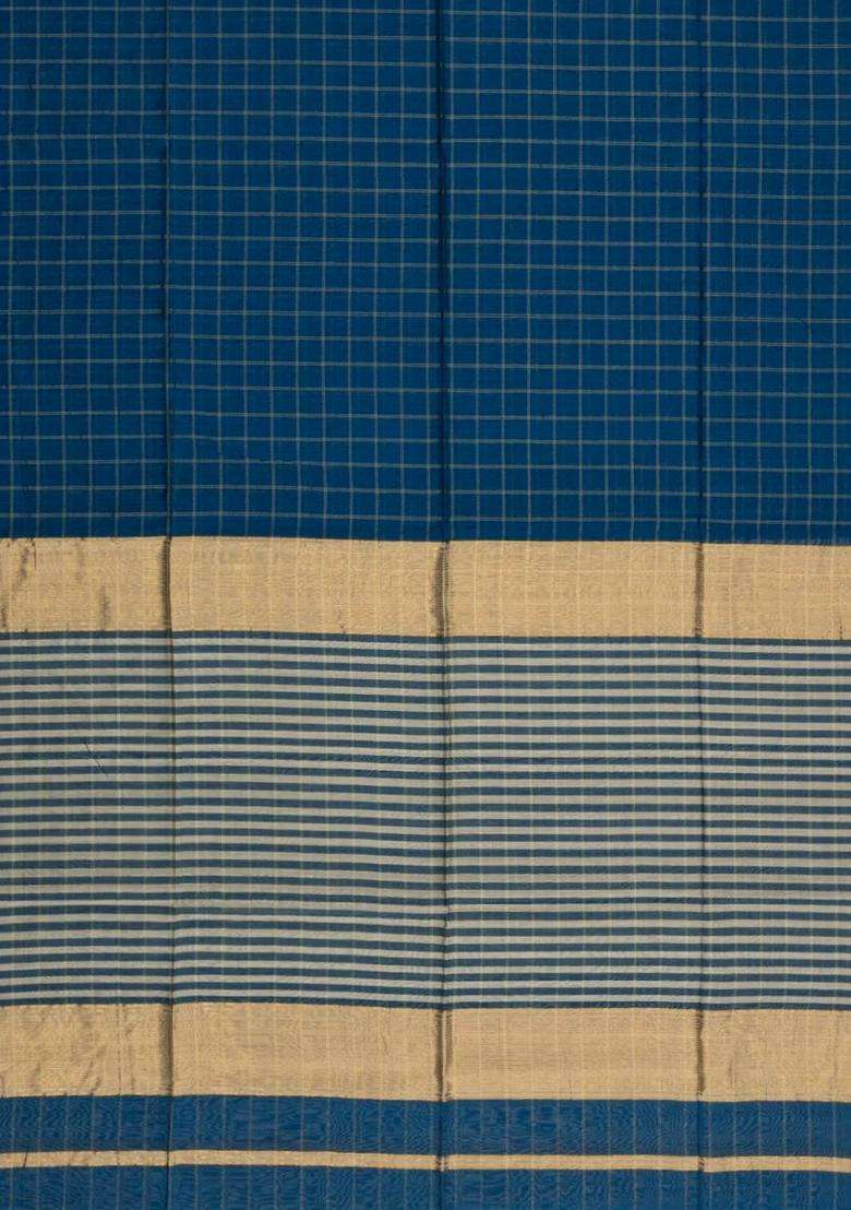 Teal Handloom Maheswari Silk Cotton Saree With Checks With Checks And Stripes Design For Women - Indya