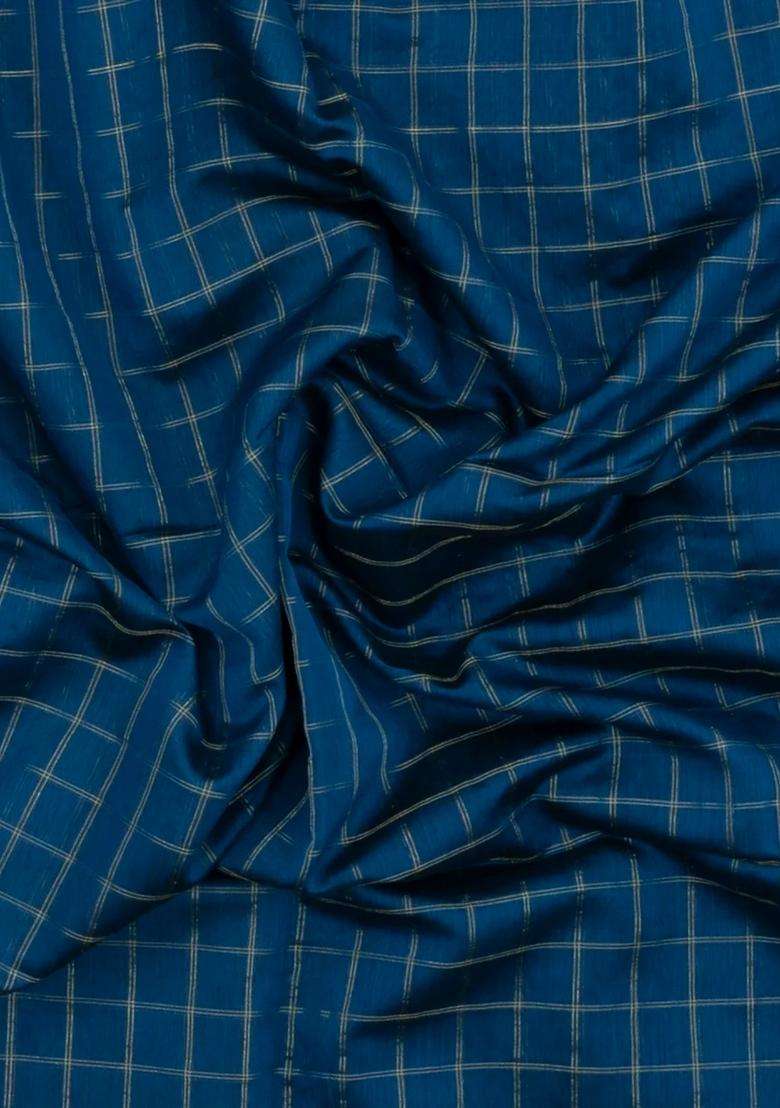 Teal Handloom Maheswari Silk Cotton Saree With Checks With Checks And Stripes Design For Women - Indya