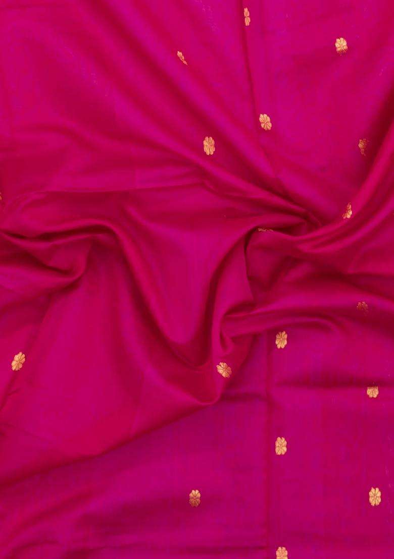 Pink Handloom Maheswari Silk Cotton Saree With Floral Buttas With Buttas And Brocade Design For Women - Indya