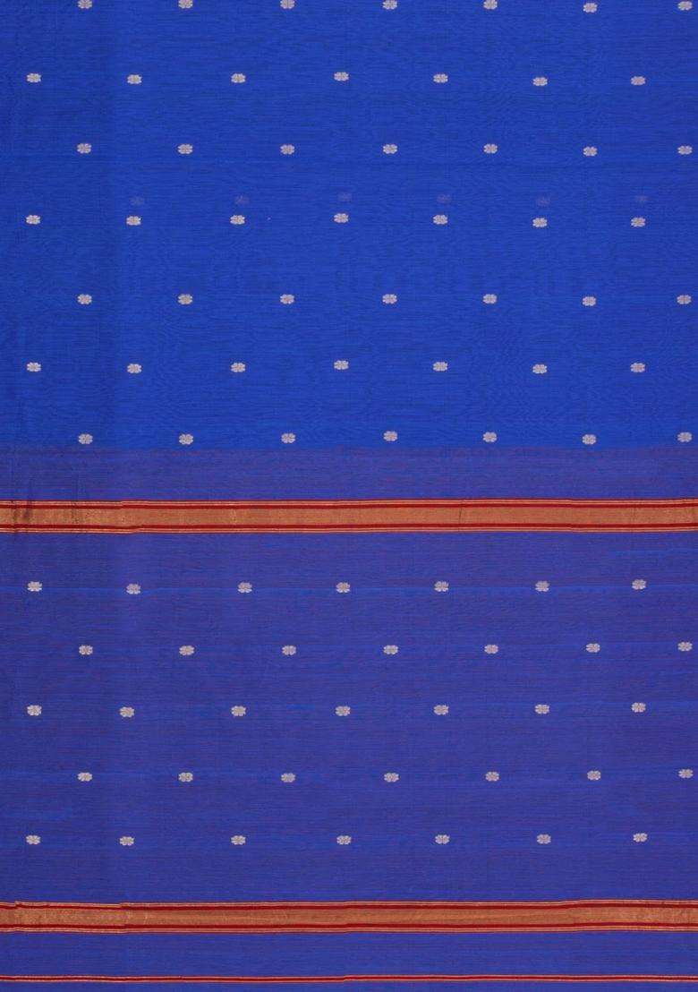 Blue Handloom Maheswari Silk Cotton Saree With Floral Buttas With Buttas And Brocade Design For Women - Indya