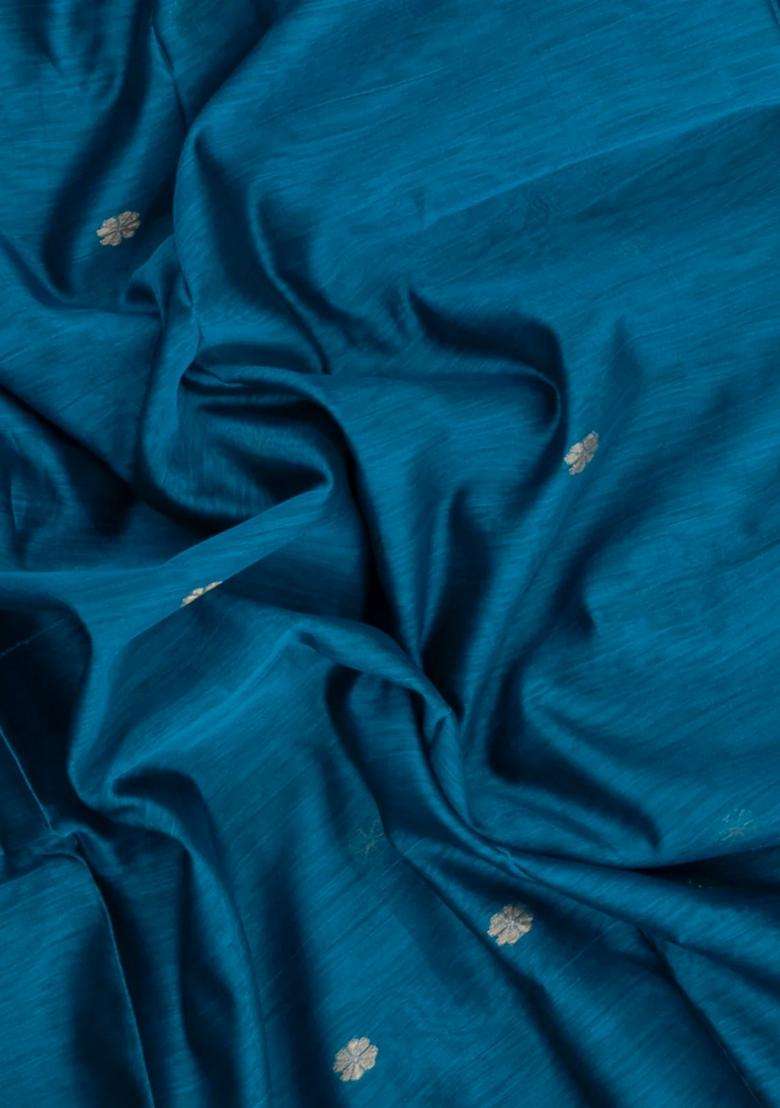 Cyan Handloom Maheswari Silk Cotton Saree With Floral Buttas With Buttas And Brocade Design For Women - Indya
