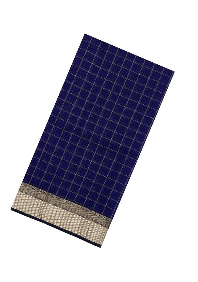 Dark Blue Handloom Maheswari Silk Cotton Saree With Checks With Checks And Stripes Design For Women - Indya