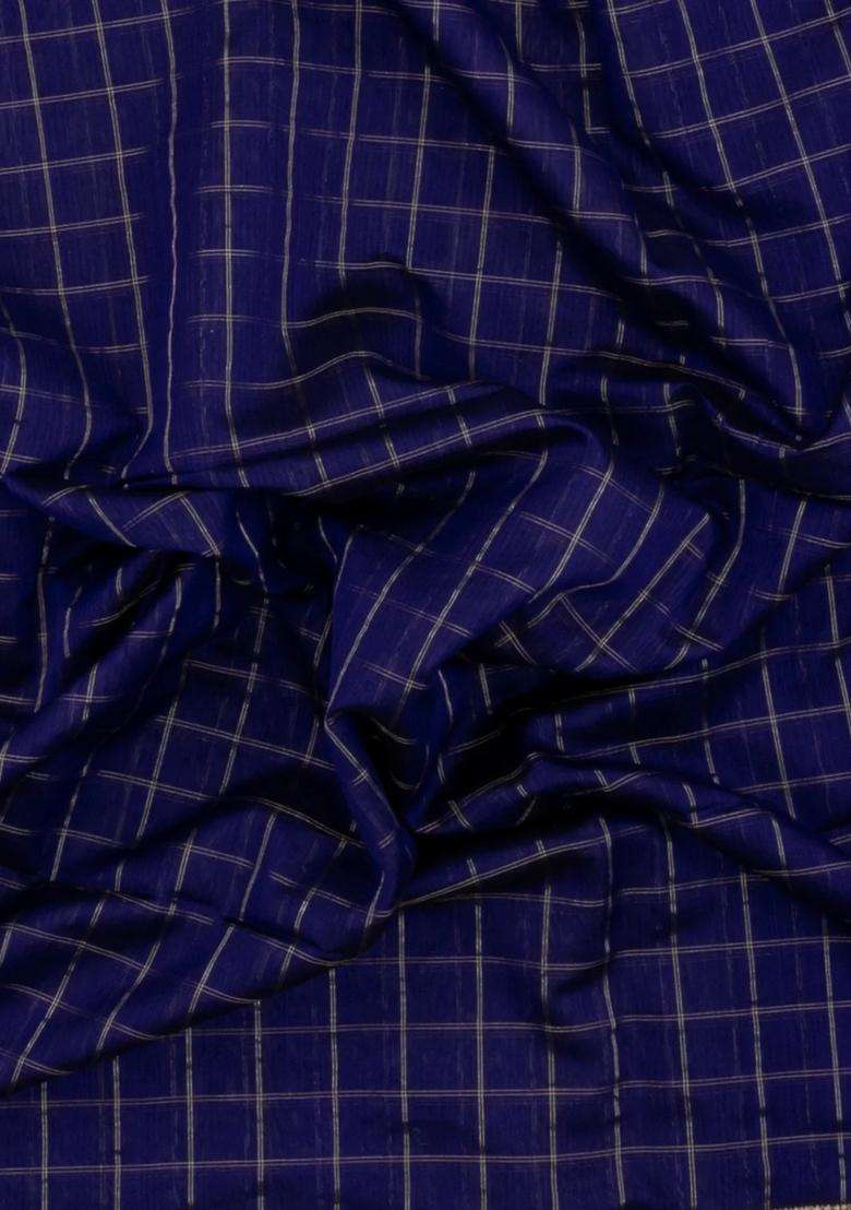 Dark Blue Handloom Maheswari Silk Cotton Saree With Checks With Checks And Stripes Design For Women - Indya