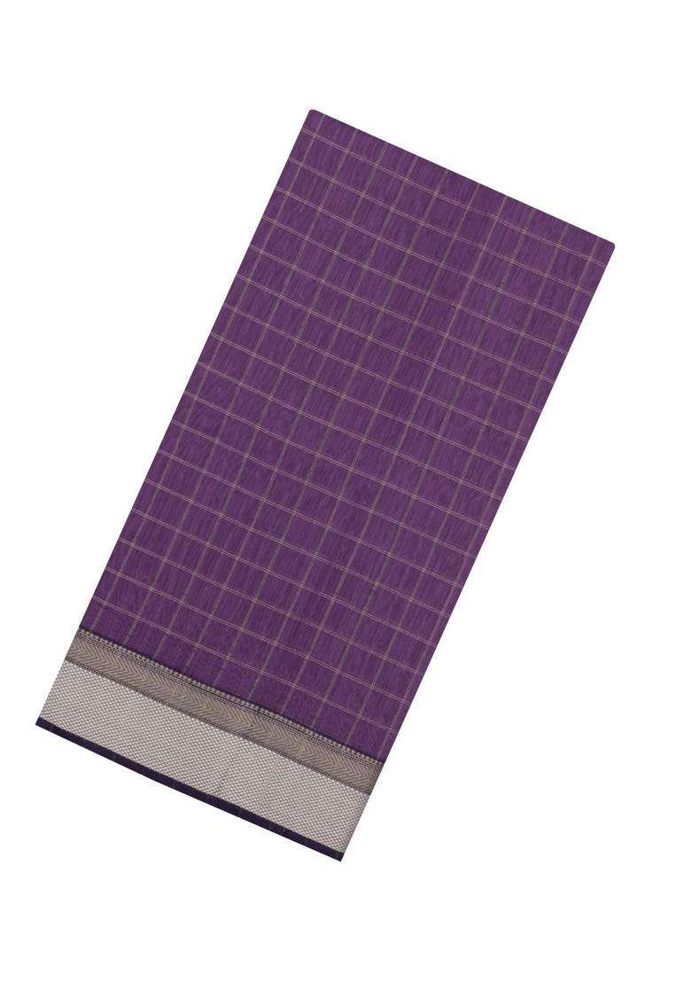 Lilac Handloom Maheswari Silk Cotton Saree With Checks With Checks And Stripes Design For Women - Indya