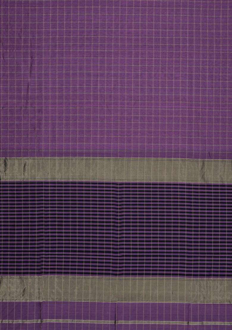 Lilac Handloom Maheswari Silk Cotton Saree With Checks With Checks And Stripes Design For Women - Indya
