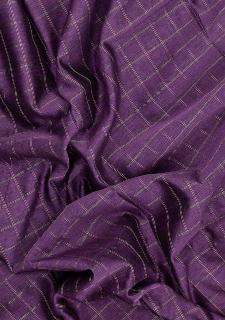 Lilac Handloom Maheswari Silk Cotton Saree With Checks With Checks And Stripes Design For Women - Indya