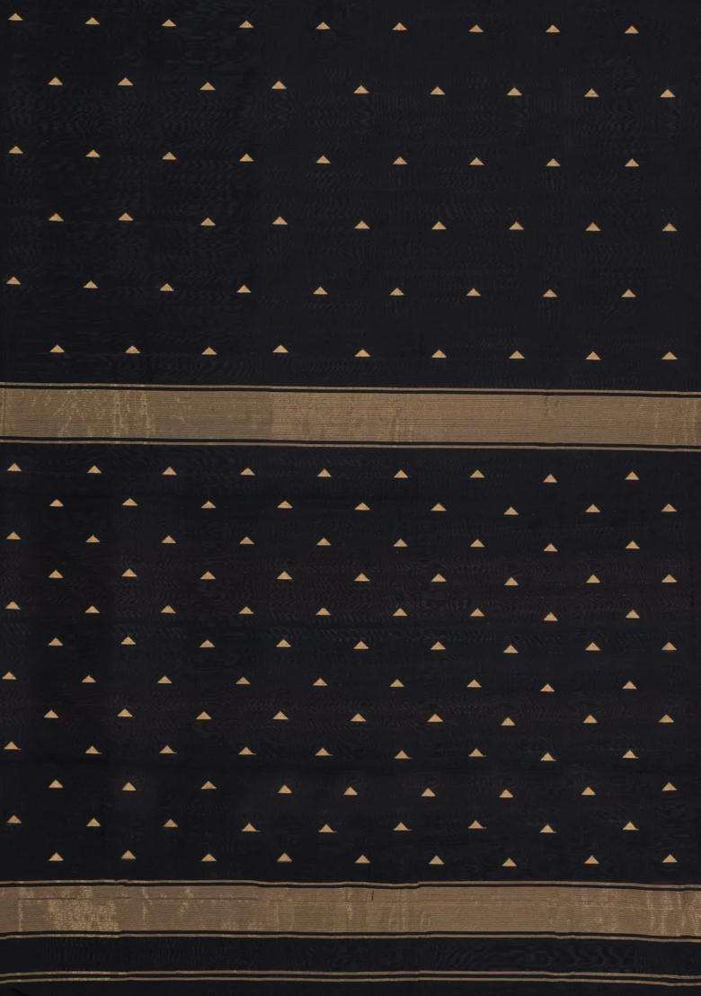 Black Handloom Maheswari Silk Cotton Saree With Triangle Buttas With Buttas And Brocade Design For Women - Indya