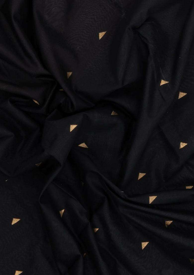 Black Handloom Maheswari Silk Cotton Saree With Triangle Buttas With Buttas And Brocade Design For Women - Indya