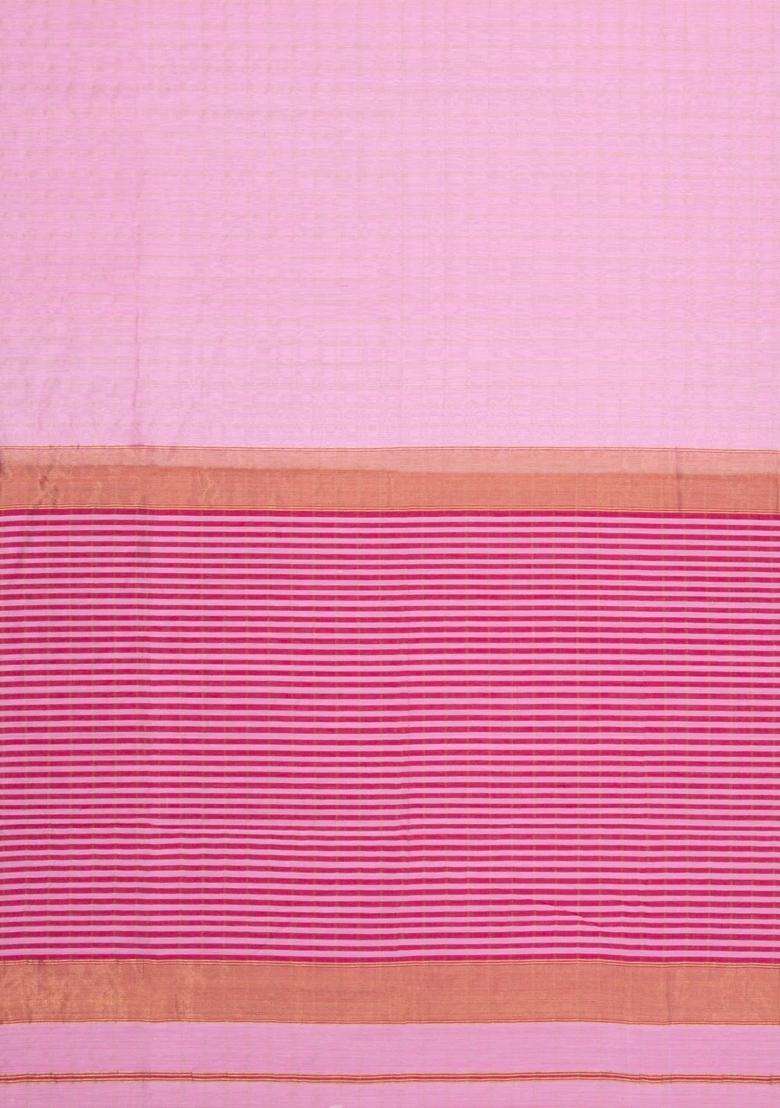 Baby Pink Handloom Maheswari Silk Cotton Saree With Contrast Border With Traditional Woven Design For Women - Indya
