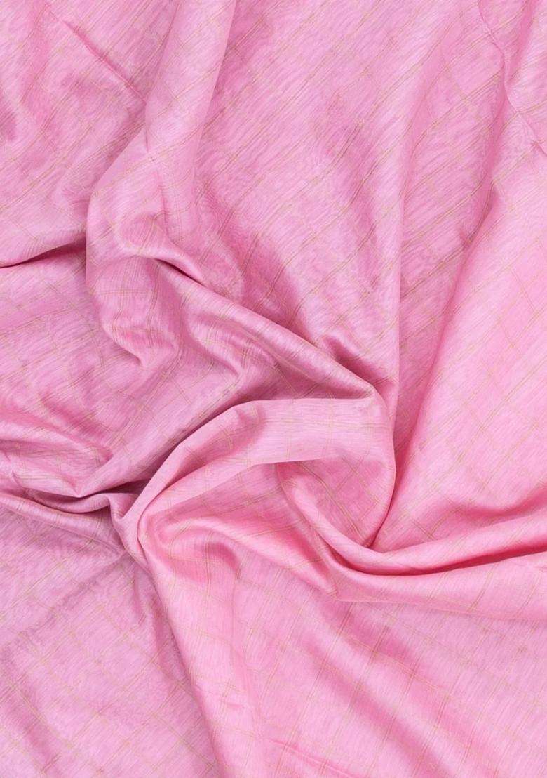 Baby Pink Handloom Maheswari Silk Cotton Saree With Contrast Border With Traditional Woven Design For Women - Indya