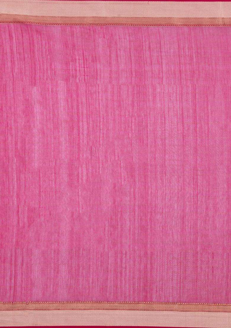Baby Pink Handloom Maheswari Silk Cotton Saree With Contrast Border With Traditional Woven Design For Women - Indya