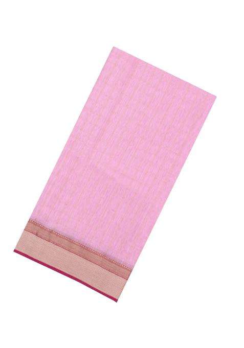 Baby Pink Handloom Maheswari Silk Cotton Saree With Contrast Border With Traditional Woven Design For Women