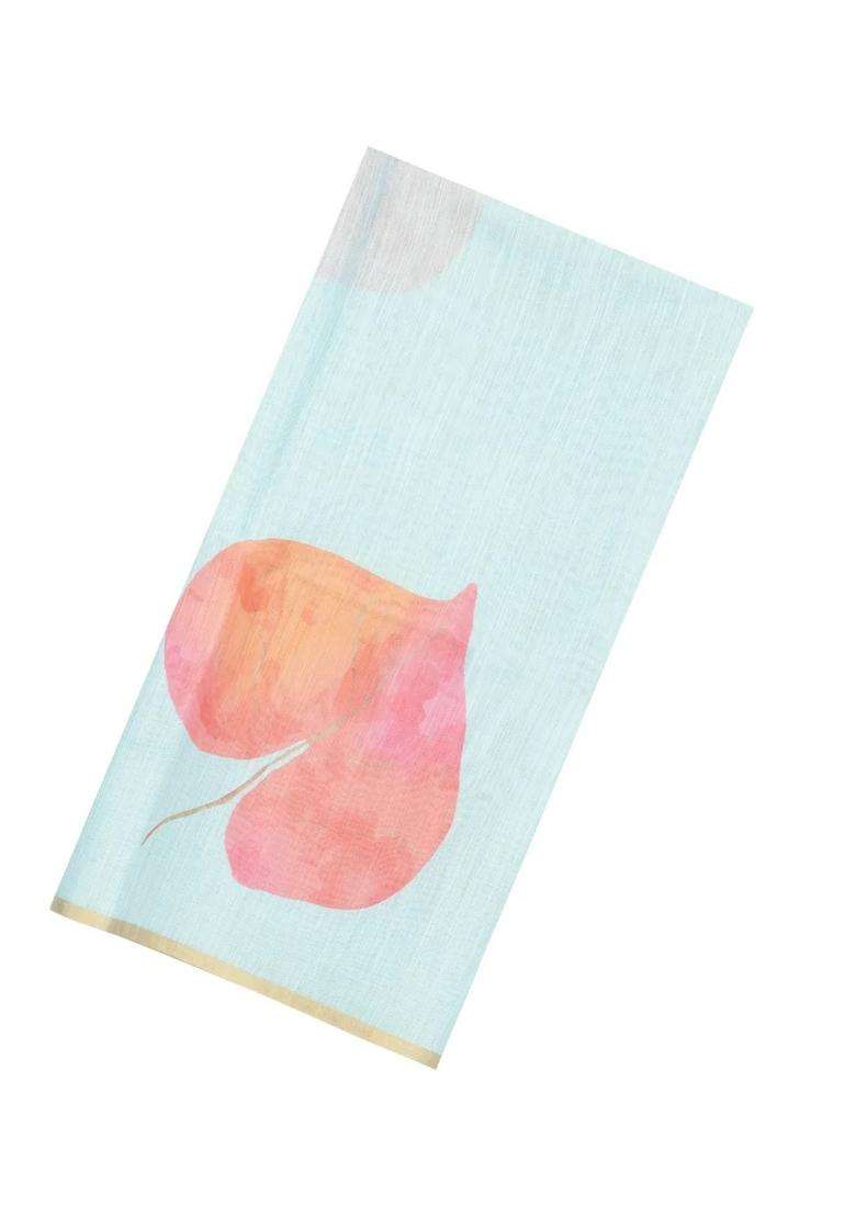 Turquoise Printed Synthetic Linen Saree With Floral Motifs For Women - Indya