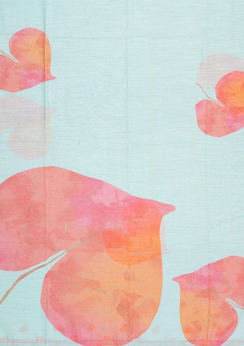 Turquoise Printed Synthetic Linen Saree With Floral Motifs For Women - Indya