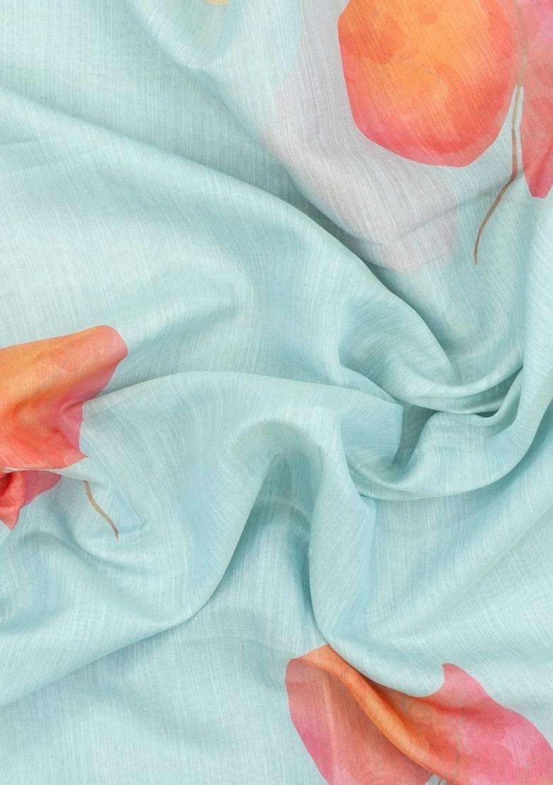 Turquoise Printed Synthetic Linen Saree With Floral Motifs For Women - Indya