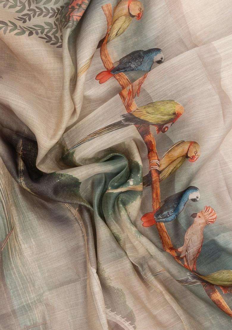 Taupe Printed Synthetic Linen Saree With Bird Motifs For Women - Indya