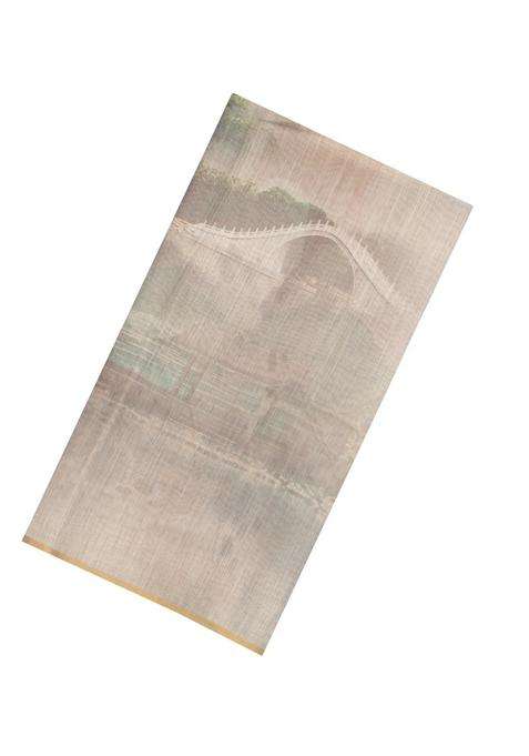 Taupe Printed Synthetic Linen Saree With Bird Motifs For Women