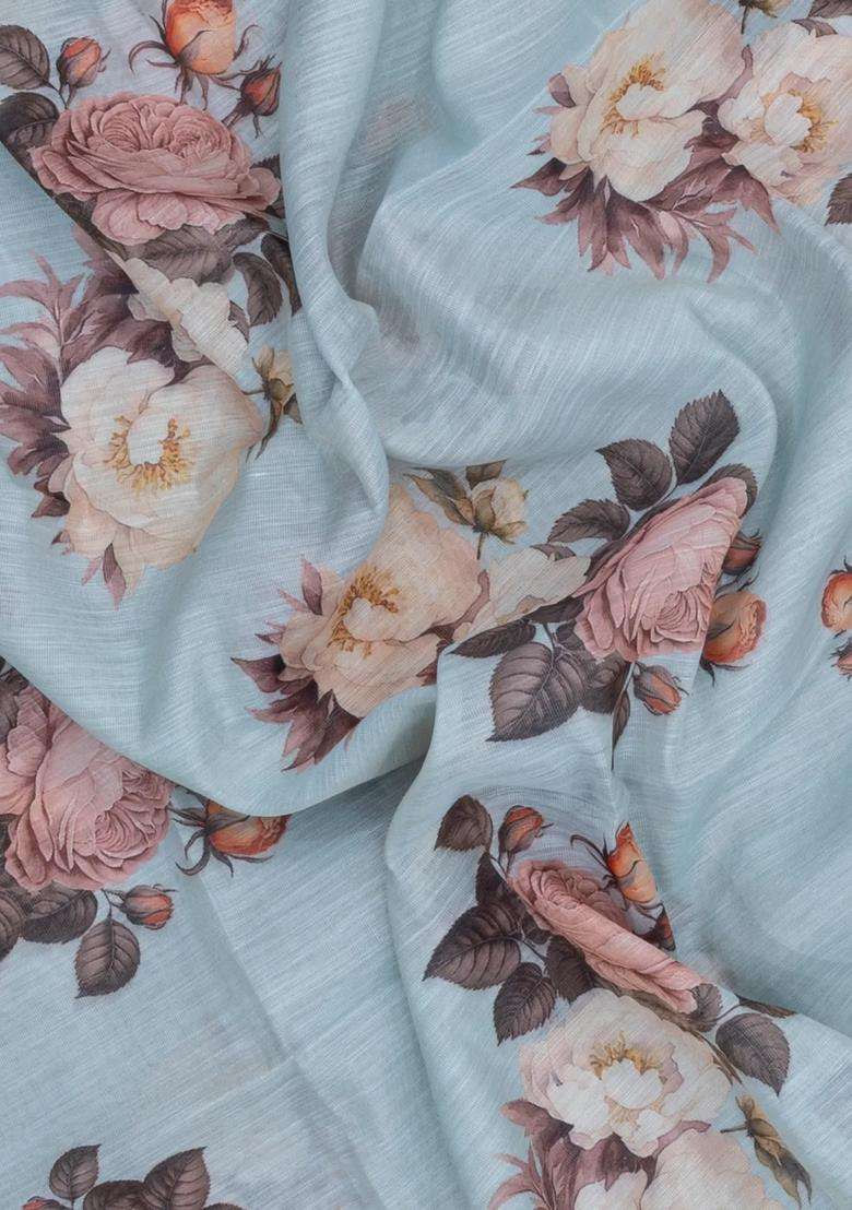 Sky Blue Printed Synthetic Linen Saree With Floral Motifs For Women - Indya