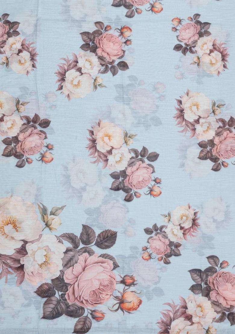 Sky Blue Printed Synthetic Linen Saree With Floral Motifs For Women - Indya