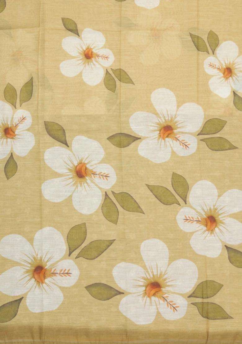 Sandal Printed Synthetic Linen Saree With Floral Motifs For Women - Indya