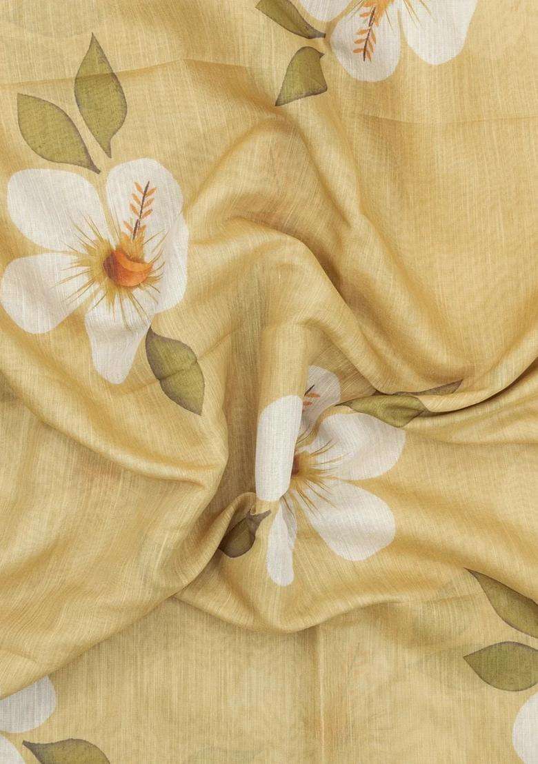Sandal Printed Synthetic Linen Saree With Floral Motifs For Women - Indya