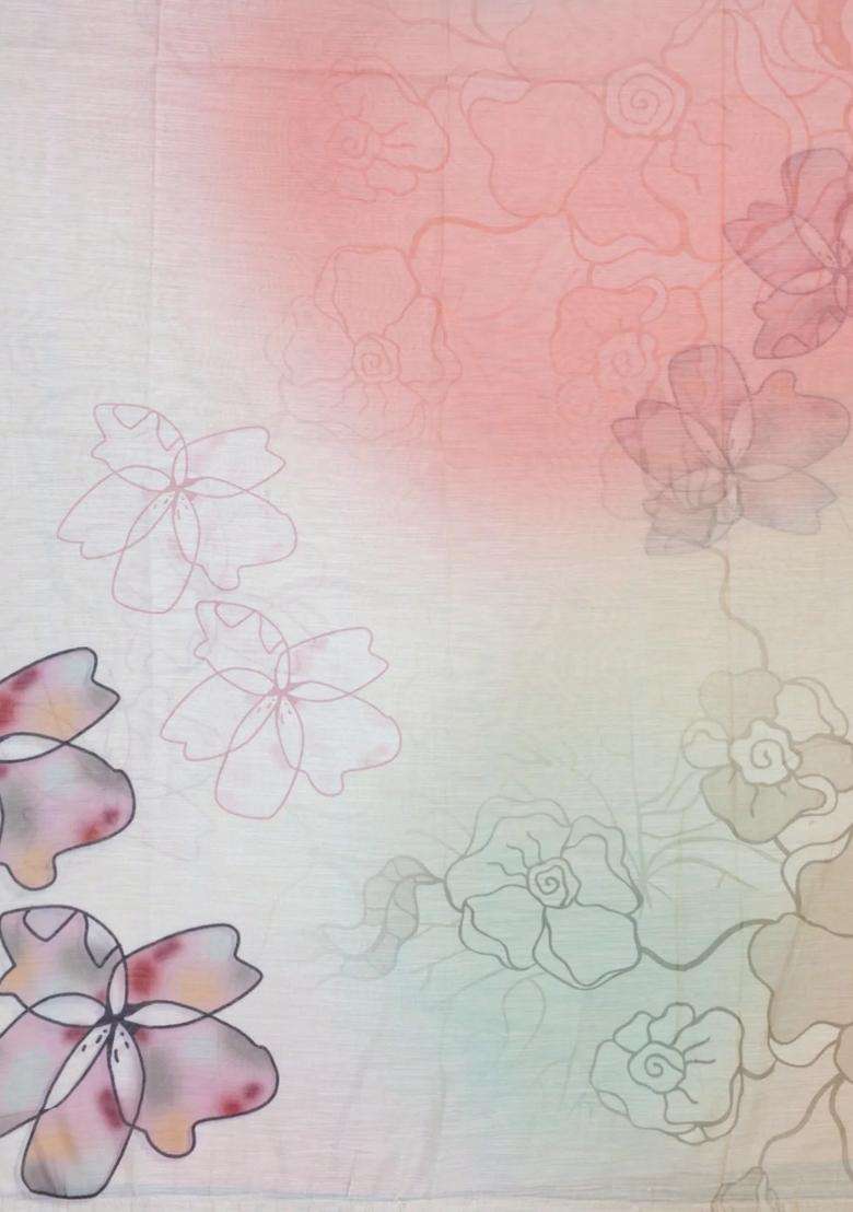 Multi Colour Printed Synthetic Linen Saree With Floral Motifs For Women - Indya