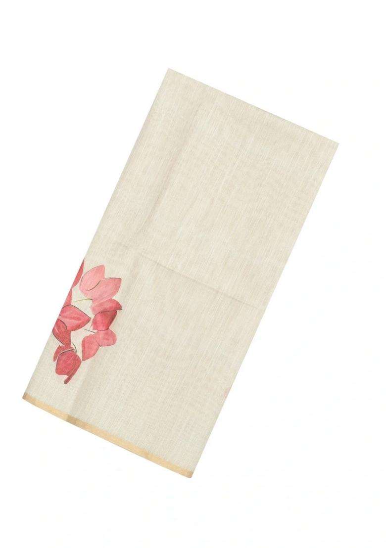 Off White Printed Synthetic Linen Saree With Floral Motifs For Women - Indya