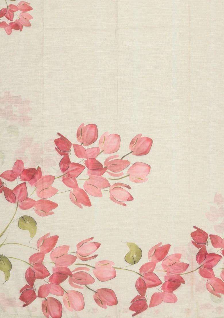 Off White Printed Synthetic Linen Saree With Floral Motifs For Women - Indya
