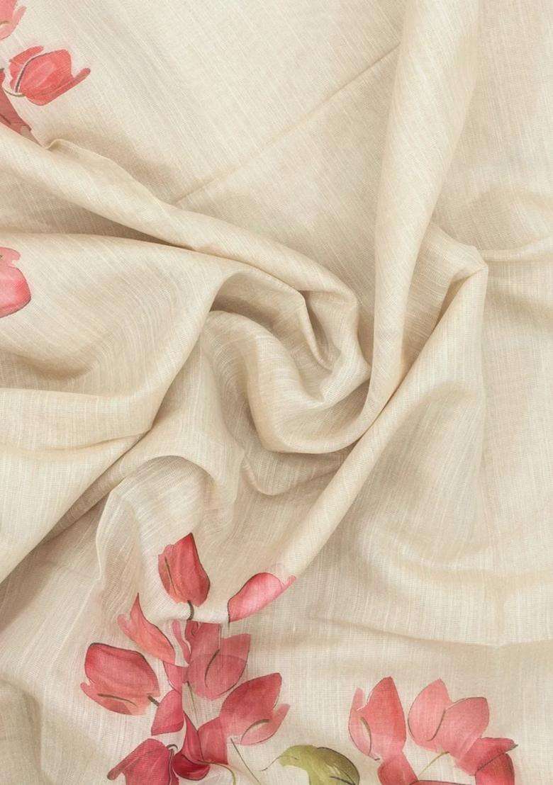 Off White Printed Synthetic Linen Saree With Floral Motifs For Women - Indya