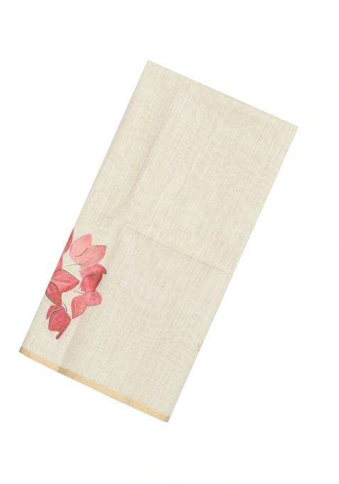 Off White Printed Synthetic Linen Saree With Floral Motifs For Women