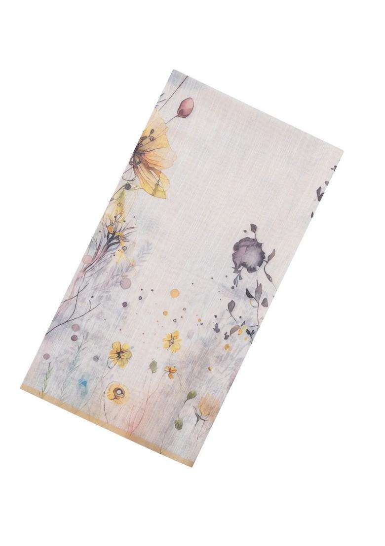 Taupe Printed Synthetic Linen Saree With Floral Motifs For Women - Indya
