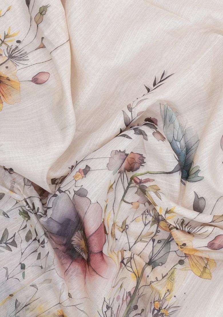 Taupe Printed Synthetic Linen Saree With Floral Motifs For Women - Indya