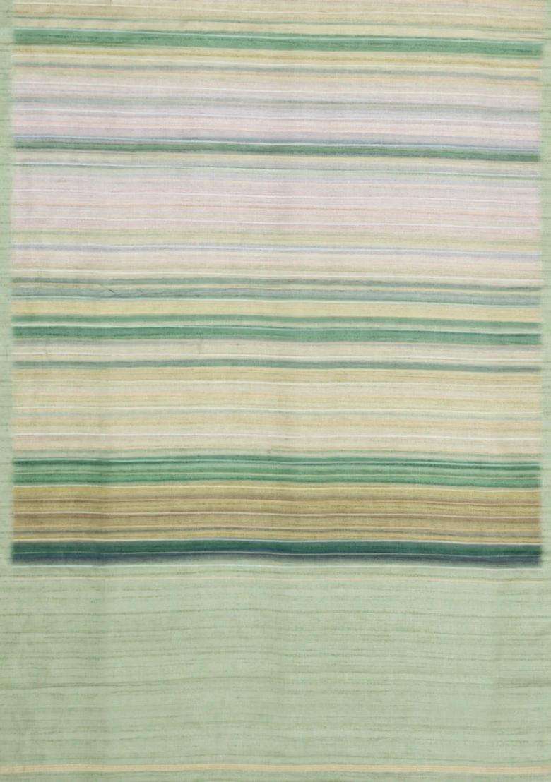 Green Printed Synthetic Dupion Art Silk Saree With Abstract Stripes For Women - Indya