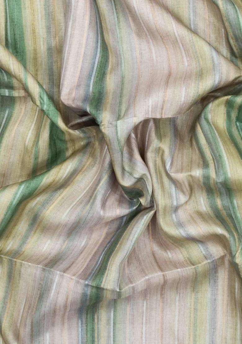 Green Printed Synthetic Dupion Art Silk Saree With Abstract Stripes For Women - Indya