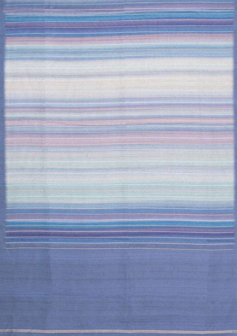 Blue Printed Synthetic Dupion Art Silk Saree With Abstract Stripes For Women - Indya
