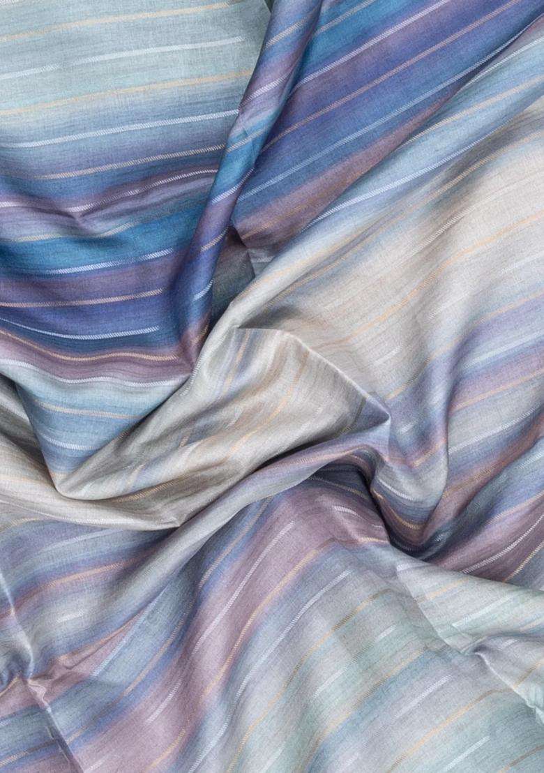 Blue Printed Synthetic Dupion Art Silk Saree With Abstract Stripes For Women - Indya