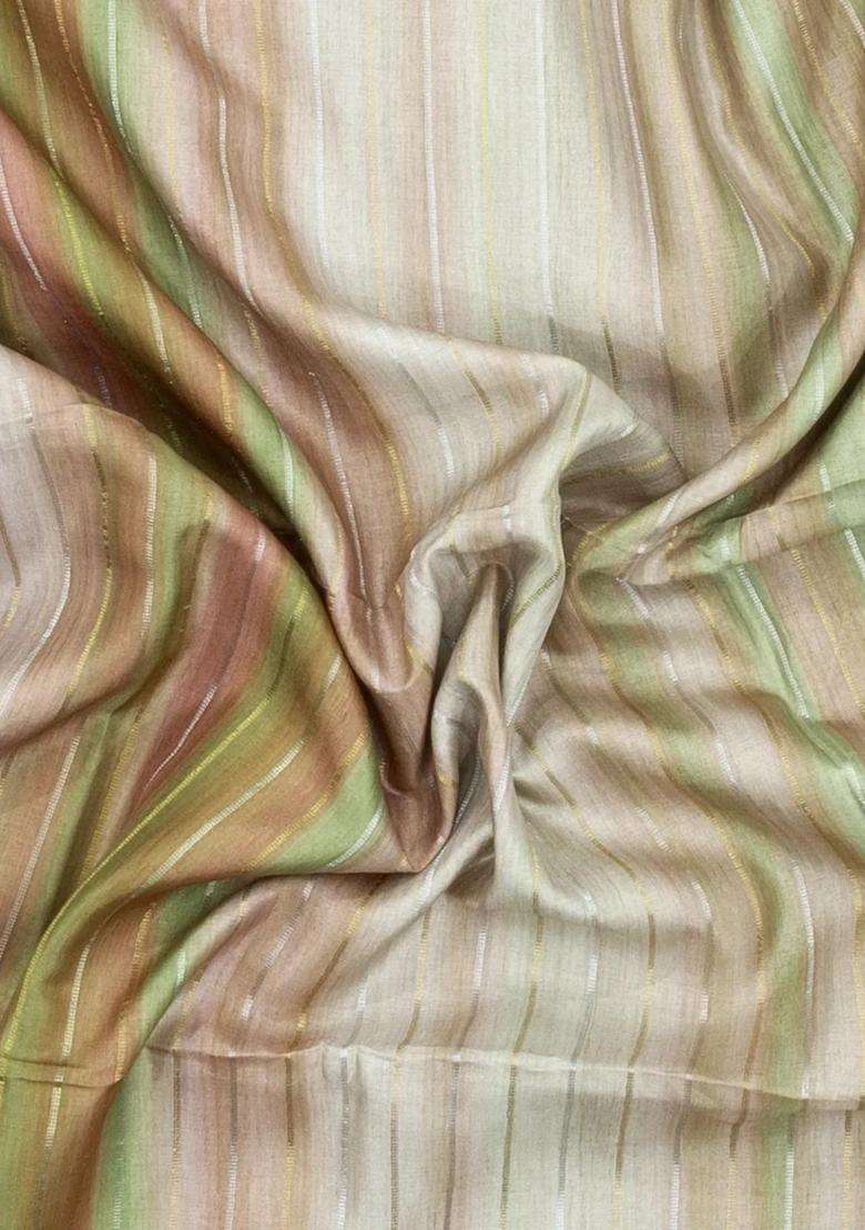 Sage Green Printed Synthetic Dupion Art Silk Saree With Abstract Stripes For Women - Indya