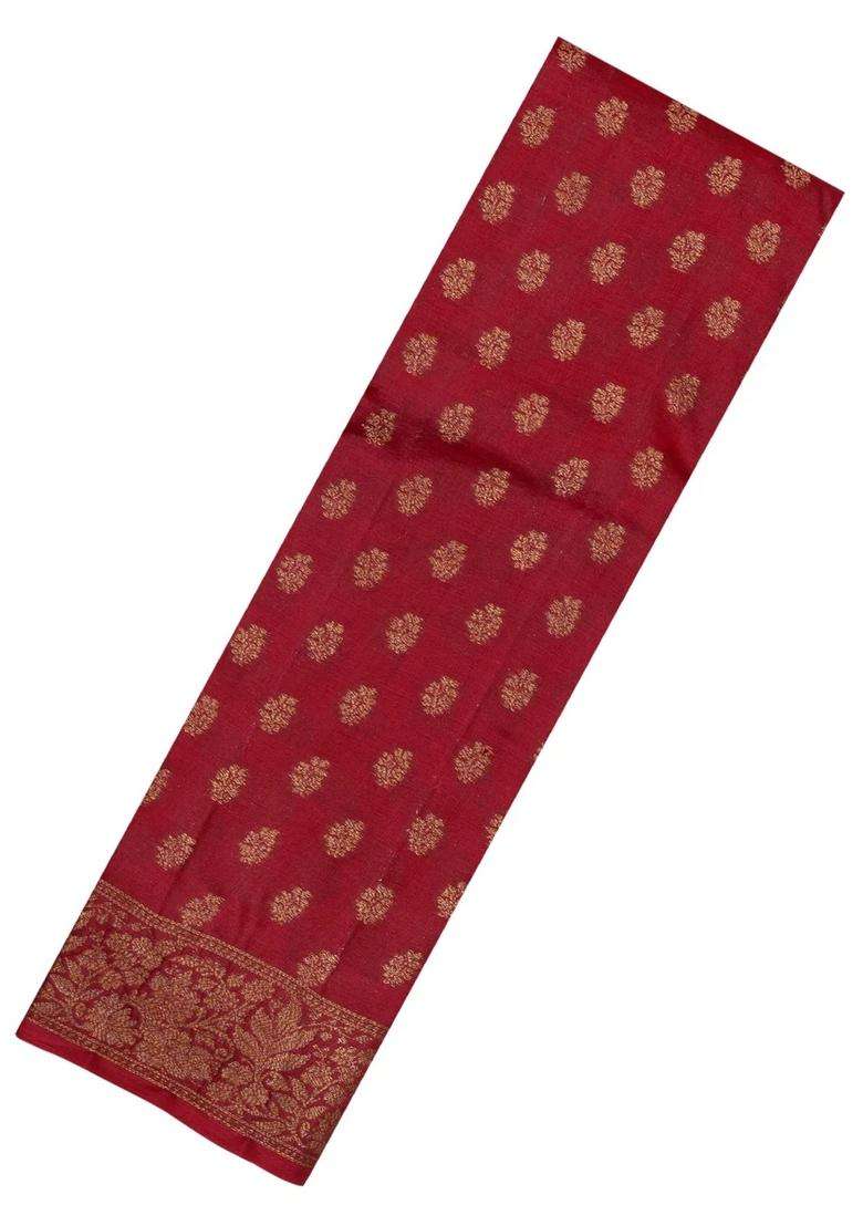 Red Woven Tussar Silk Saree With Floral Buttas With Buttas And Brocade Design For Women - Indya