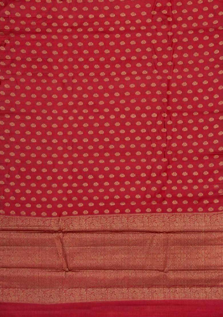 Red Woven Tussar Silk Saree With Floral Buttas With Buttas And Brocade Design For Women - Indya