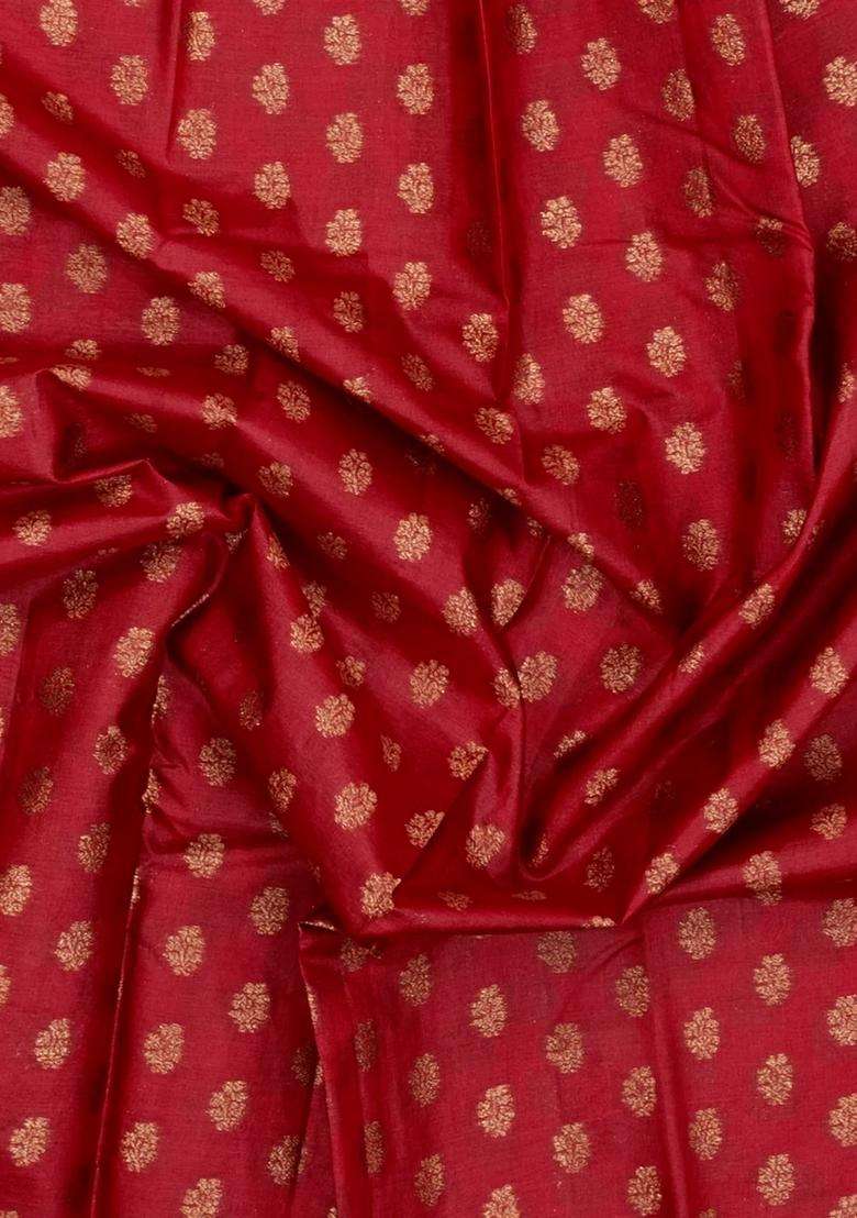 Red Woven Tussar Silk Saree With Floral Buttas With Buttas And Brocade Design For Women - Indya
