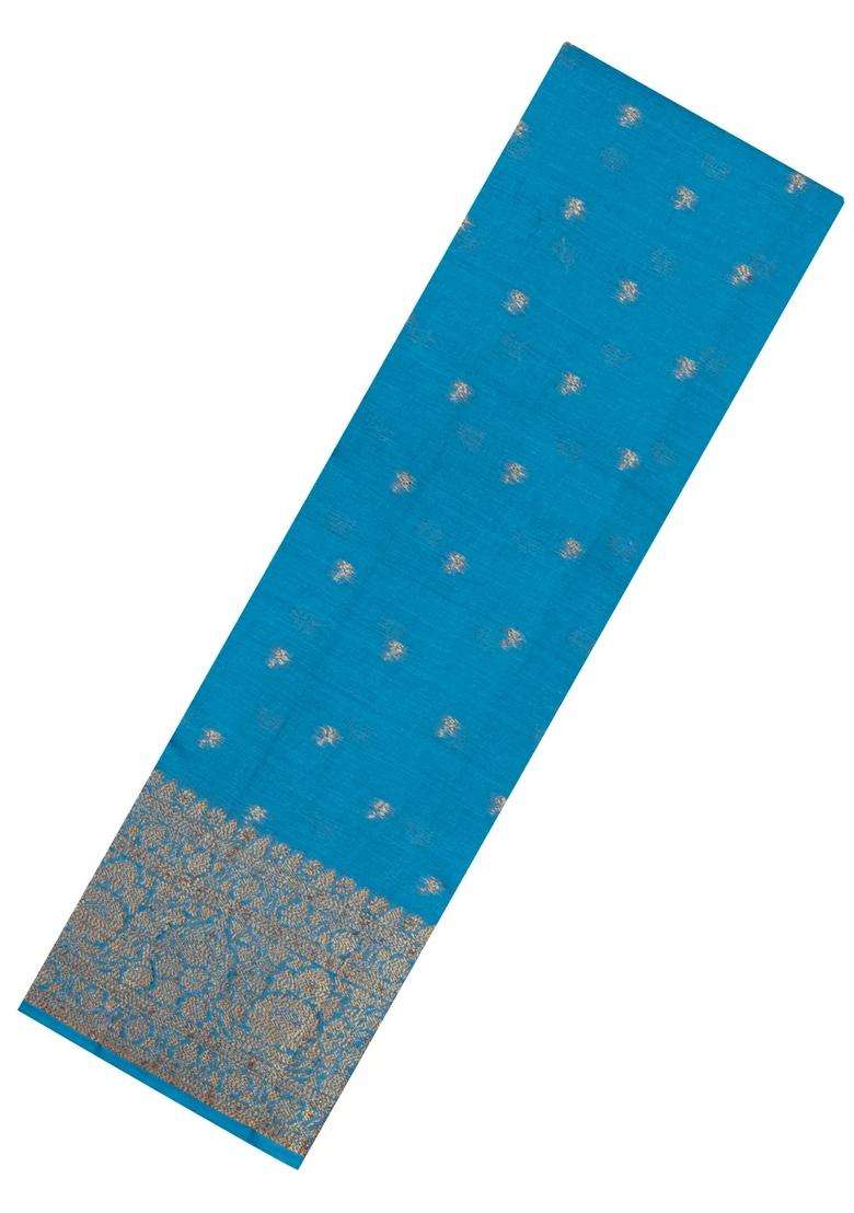 Steel Blue Woven Tussar Silk Saree With Floral Buttas With Buttas And Brocade Design For Women - Indya
