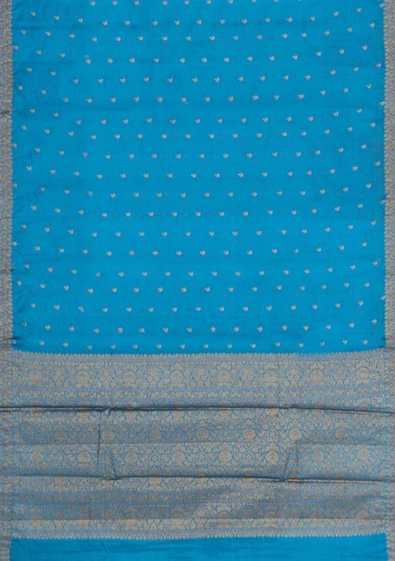 Steel Blue Woven Tussar Silk Saree With Floral Buttas With Buttas And Brocade Design For Women - Indya