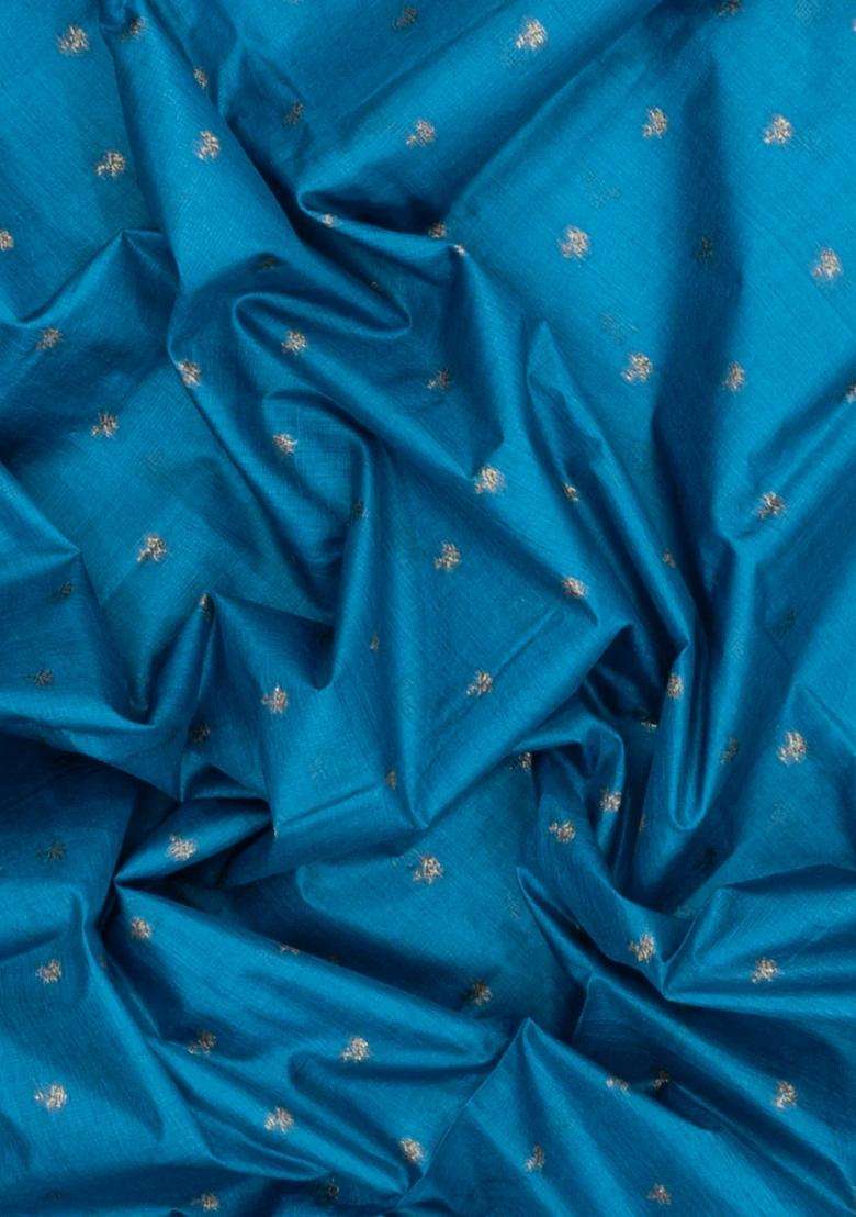 Steel Blue Woven Tussar Silk Saree With Floral Buttas With Buttas And Brocade Design For Women - Indya