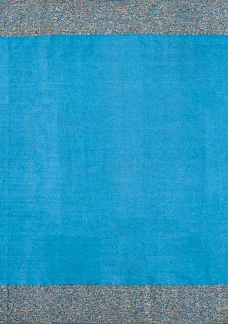 Steel Blue Woven Tussar Silk Saree With Floral Buttas With Buttas And Brocade Design For Women - Indya