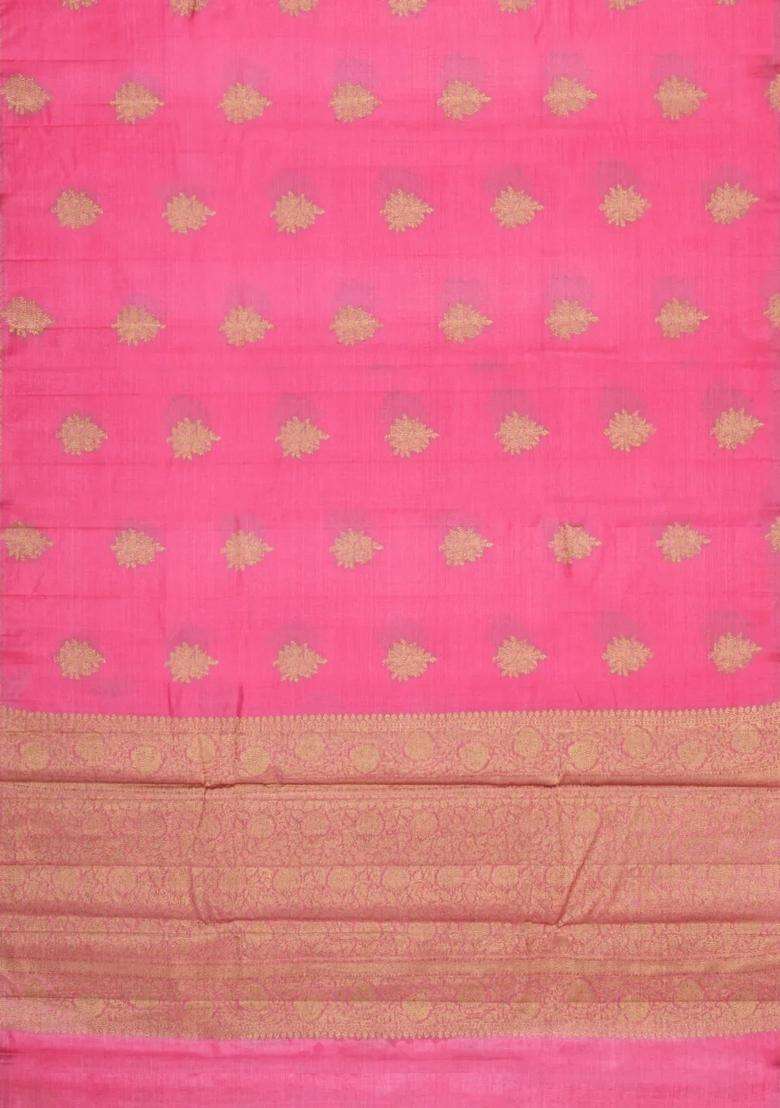 Peach Woven Tussar Silk Saree With Floral Buttas With Buttas And Brocade Design For Women - Indya