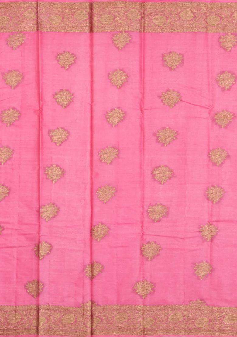 Peach Woven Tussar Silk Saree With Floral Buttas With Buttas And Brocade Design For Women - Indya